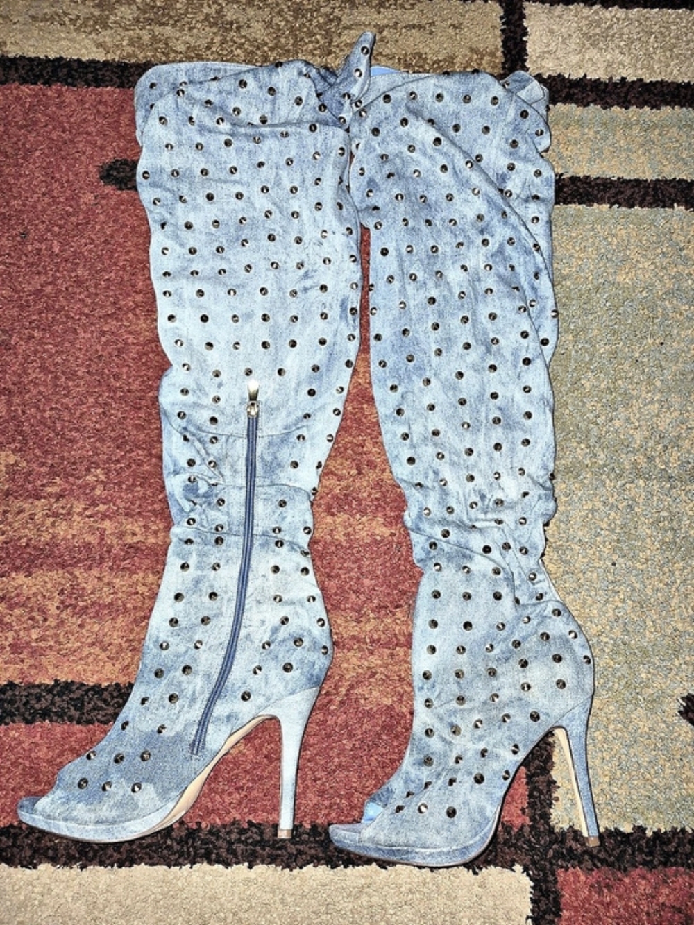Blue Denim Studded Knee High Heeled Boots